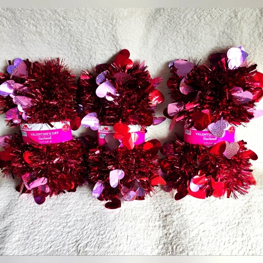 NWT Valentine's day red Tinsel Garland with Hearts, bundle of 3, home decor 12ft